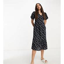Vero Moda Tall Eyelet Midi Dress With Bow Back In Navy Floral - Navy (Size: L)