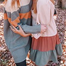 Dress On The Right! Tiered Striped Dress With Sweetheart Neckline | Color: Tan | Size: S