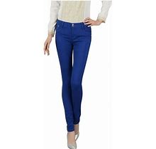 Vsssj Women's Denim Pants Slim Fit Candy Color Button Micro Elastic Waist Straight Long Pants Fashion Stretchy Comfortable Full Length Pants Blue 30