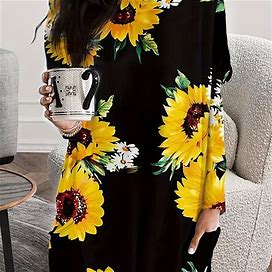 Floral Print Pocket Dress, Women's Sunflower Crew Neck Dress Women's Clothing Casual Long Sleeve Dress,Black,All-New,Temu
