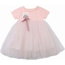 Dkinjom New Girl Dress Summer Fashion Cute Cartoon Pattern Net Yarn Stitching Pink Princess Dress