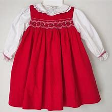 Petit Ami Dresses | Petit Ami Red Cotton Pinwale Corduroy Dress With Red & White Smocking | Color: Red | Size: 12Mb
