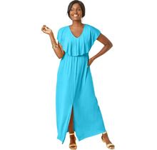 Plus Size Women's Stretch Knit Ruffle Maxi Dress By The London Collection In Pool Blue (Size 12 W)
