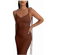 Finelylove Sundresse For Woman Short Sleeve Peplum Dresses Crew Neck Solid Sleeveless Sun Dress Brown