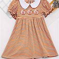 Rugby Decor Stripped Short Sleeve Collar Dress Girls Comfy Dresses Spring Summer Party Gift,Khaki,Handpicked,Temu