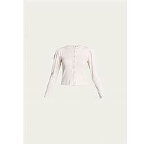 Amo Denim Puff-Sleeve Cardigan, White, Women's, Medium, Sweaters Button-Front & Open Cardigan Sweaters