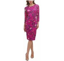 Kensie Dresses Womens Purple Stretch Zippered Eyelet Lined Floral 3/4 Sleeve Crew Neck Above The Knee Cocktail Sheath Dress 0