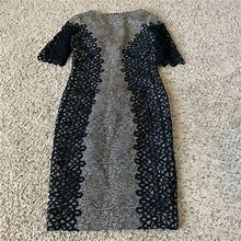 Lela Rose Sheath Dress Embroidered Black And White Womens Knee Length