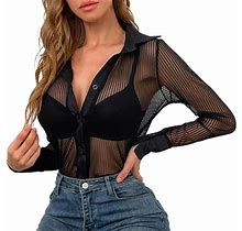 Women's Sheer Mesh Button Down Sexy Shirt Top Long Sleeve Clothes For Women