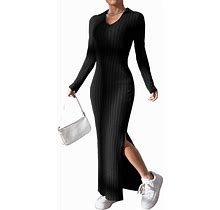 Sweatyrocks Women's Long Sleeve Collar V Neck Maxi Dress Slit Thigh Ribbed Knit Bodycon Dresses