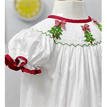 Hand Smocked Girl Christmas Dress. Girls Smocked Christmas Tree Dress. Smocked Bishop Dress. Smocked Girls Christmas Bishop Tree Girl Dress