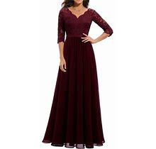 Jyyybf Women's Long Dress, Solid Color Patchwork Lace V-Neck Mid-Sleeve Backless Back Zipper Female Dress Wine Red M