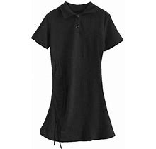 Genema Women Summer Short Sleeve Lapel Buttons Slim Mini Dress Solid Side Ruched Drawstring Ruffles Hem A-Line T-Shirt Dress
