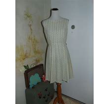 Vintage 50S Floral Ivory & Black Pleated Full Circle Day Dress Sleeveless M