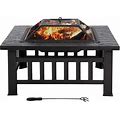 Outdoor Fire Pit 32 Inch Square Metal Firepit For Patio Wood Burning Fireplace Garden Stove With Poker & Mesh Cover,Charcoal Rack For Camping Picnic