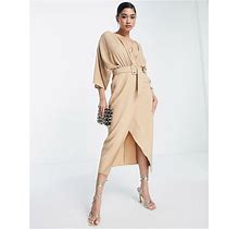 ASOS DESIGN Mixed Fabric Belted Wrap Skirt Midi Dress In Camel-Neutral - Neutral (Size: 2)