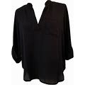 Forever 21 Womens Blouse Pullover V Collarless Boho Roll Tab Sleeve Black Small