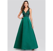 Emerald Green V-Neck Sleeveless Sequin-Bodice Long Satin Prom Dresses