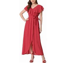 Allegra K Wrap Dress For Women's Cap Sleeve Ruffled V Neck Casual Maxi Dresses