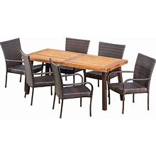 Christopher Knight Home Leopold Outdoor 7-Piece Acacia Wood/Wicker Dining Set | With Teak Finish | In Multibrown, Rustic Metal