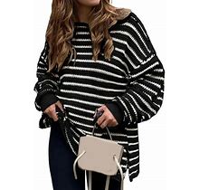 Fauean Womens Sweaters Casual Striped Color Block Tops Loose And Versatile Fall Clothes Black Size M