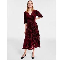 Calvin Klein Petite Velvet Burnout Faux-Wrap Dress - Rosewood - Size 2P