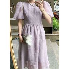 Womens Fashion Summer Round Collar Hubble-Bubble Sleeve Pleated Bowknot Dress H