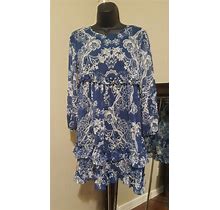 New IN AWE Floral Long Sleeve Sheer Navy Blue & White Short Dress Size S Small