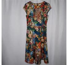 Eci Dress 6 Multicolor Bold Floral Stretch A-Line Cap Sleeve Fit Flare