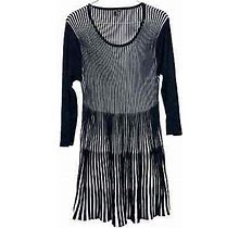 Lapis Black White Knit Scoop Neck Long Sleeve Illusion Stripe Dress