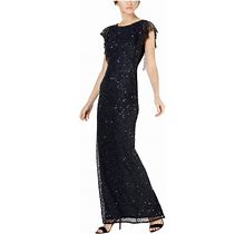 Adrianna Papell Short Sleeve Beaded Evening Dress Formal Gown Maxi Navy Blue 4