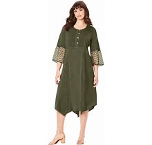 Roaman's Women's Plus Size Embroidered Acid-Wash Boho Dress - 20 W, Green