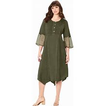 Roaman's Women's Plus Size Embroidered Acid-Wash Boho Dress - 14 W, Green