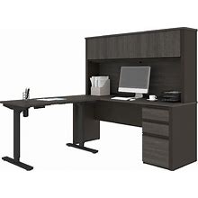 Prestige + Height Adjustable L-Desk W/ Hutch In Bark Gray & Slate - Bestar 99886-000047