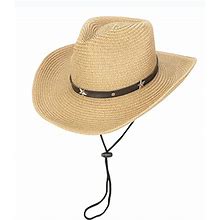 Womens Men Western Straw Cowboy Hat With Wind Lanyard Summer Hat Sun Hat Cowboy Style UPF 50+ Beach Hat Khaki