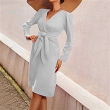 Finelylove Casual Summer Dresses Petite Formal Dresses For Women V-Neck Solid Long Sleeve Sun Dress Gray