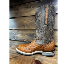 LUCCHESE MEN's ROWDY OSTRICH SKIN COGNAC WESTERN BOOTS - SQUARE TOE-4553