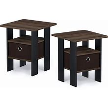 Furinno Andrey Set Of 2 End Table / Side Table / Night Stand / Bedside Table With Bin Drawer, Columbia Walnut/Dark Brown