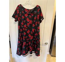 Lane Bryant Fit And Flare Black Floral Red Roses Dress. Plus Size 18