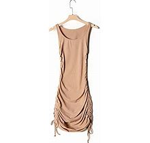 HOMELEX Women's Sexy Club Ruched Wrap Dress Sleeveless Adjustable Drawstring Bodycon Dresses-Khaki