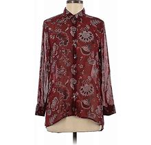 Ann Taylor LOFT Outlet Long Sleeve Button Down Shirt: Burgundy Print Tops - Women's Size Medium Petite - Print Wash