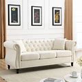 80" Chesterfield Sofa Beige Velvet 3 Seater Sofa Tufted Couch With Two Pillows