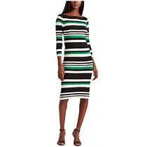 Ralph Lauren Womens Green Striped 3/4 Sleeve Boat Neck Below The Knee Body Con Dress L