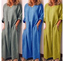 Hot Sales Casual Women Solid Color Oversize Maxi Cotton Linen Long Shirt Kaftan Dress