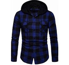 Penkiiy Hoodies For Men Men Casual Buttons Hooded Check Long Sleeve Cardigan Blouse Pocket Shirt Blue Y2K Clothes