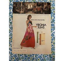 Vintage 1976 Virginia Slims Print Ad Model Bold Floral Dress Long Gown