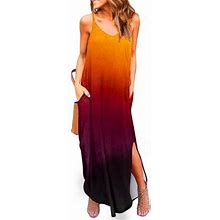 Miarhb Women's Halter Dress V-Neck Printing Adjustable Split Round Hem Long Dress With Pockets Dresses For Women 2023 Orange M