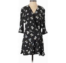 Ann Taylor LOFT Casual Dress - Wrap Tie Neck 3/4 Sleeve: Black Floral Motif Dresses - Women's Size 0