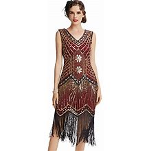 Babeyond Womens Flapper Dresses 1920S V Neck Beaded Fringed Great Gatsby Dress, Gold & Wine Red, Small