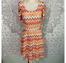 Ny Collection Dresses | Nwt $168 Ny New York Collection Macys Zig Zag Skater Fit & Flare Tan Dress M | Color: Orange/Pink | Size: M